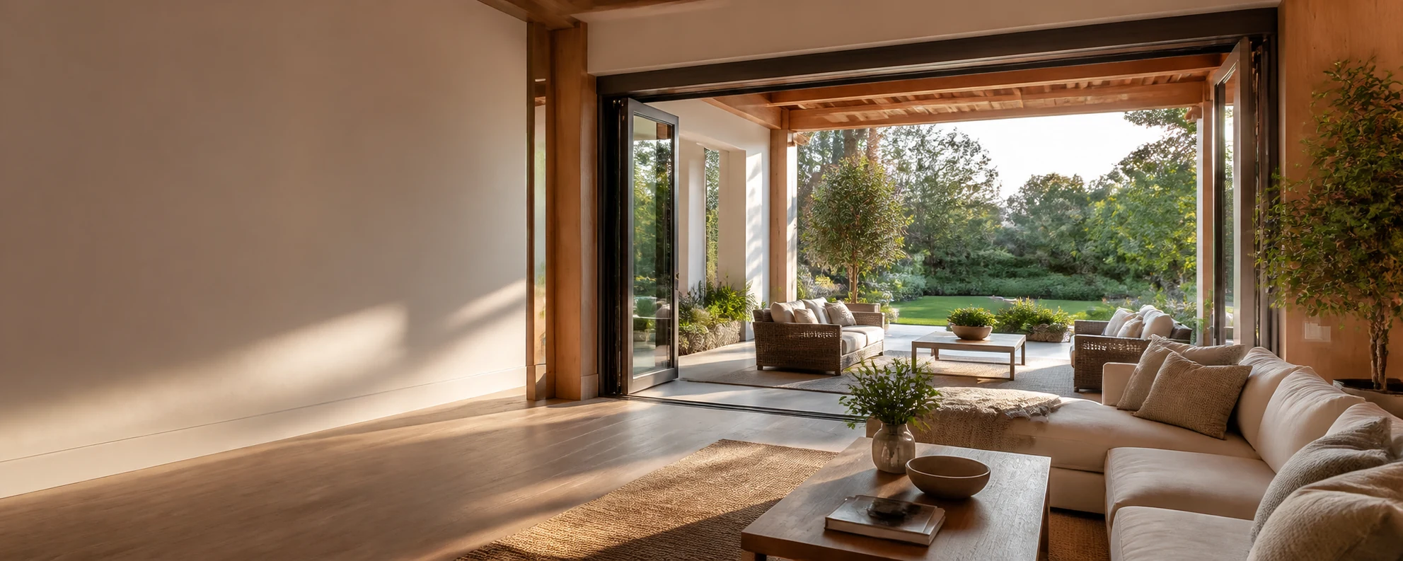 A sunlit living room opening onto a garden patio