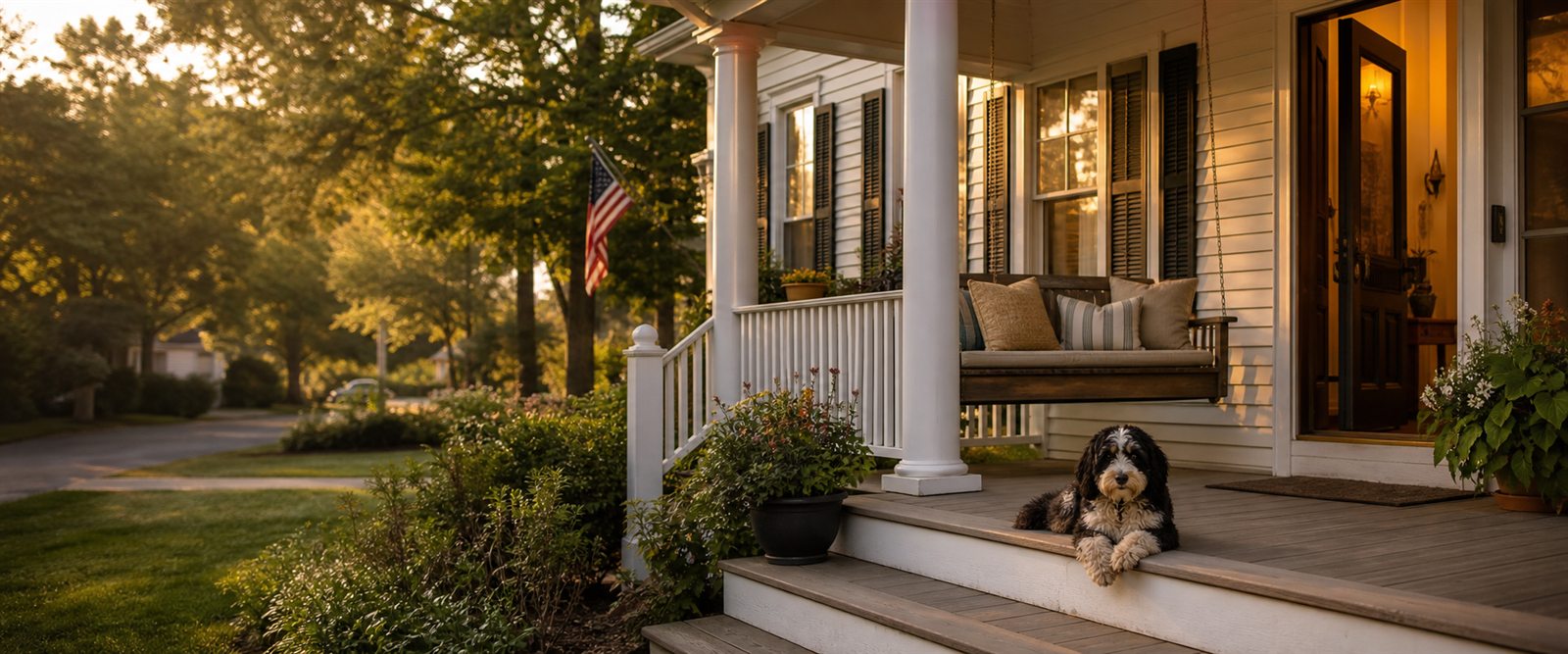Evening light on a welcoming front porch, with a swing and a dog resting on the steps